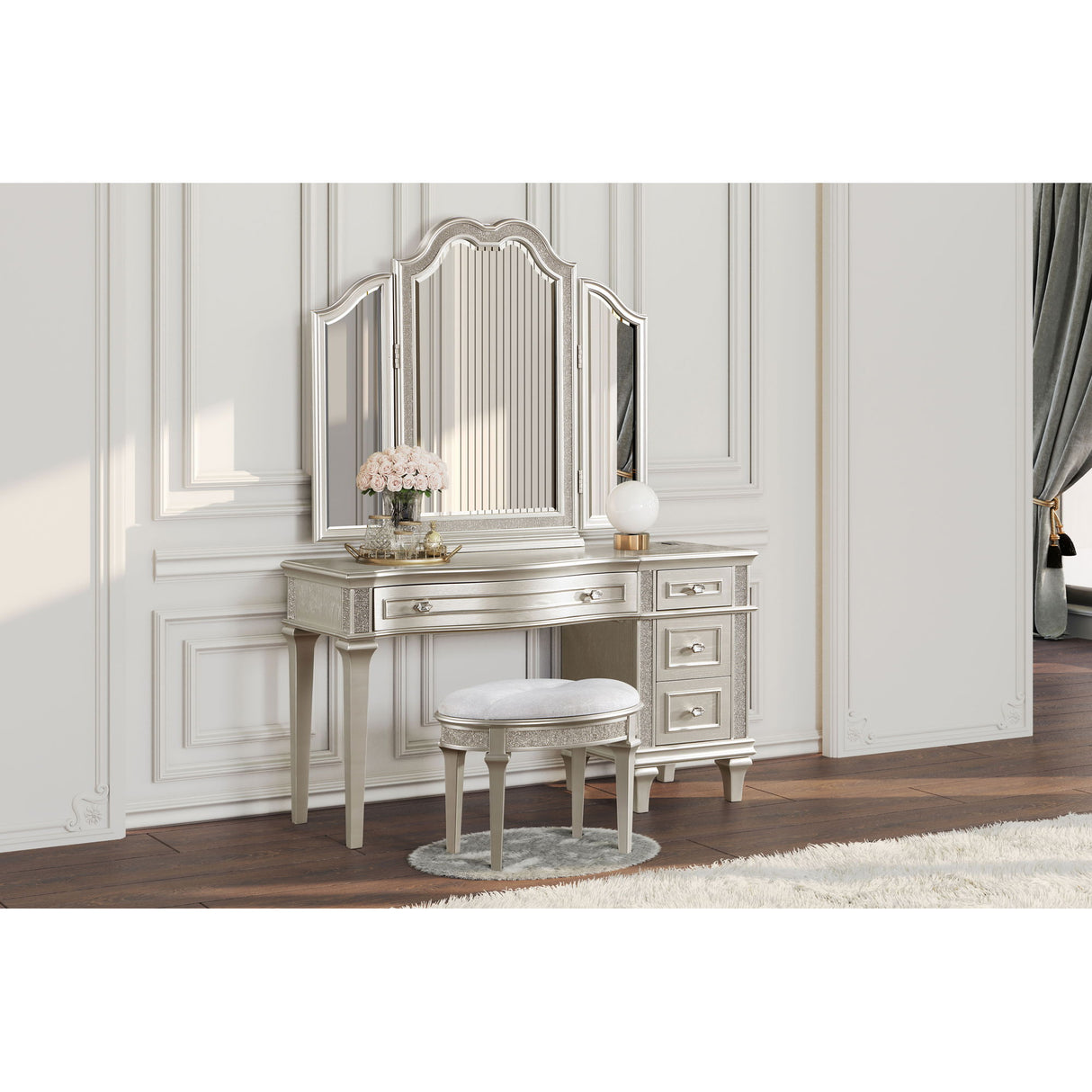 Colwood - 4 Drawer Vanity Desk With And Built In Charging - Silver Gray