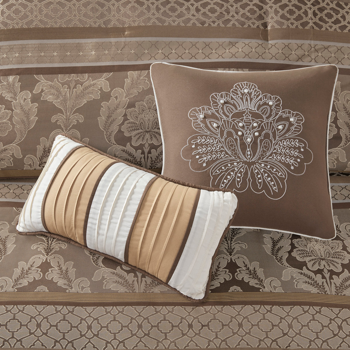 7 Piece Jacquard Comforter Set - Brown/Gold Cal King
