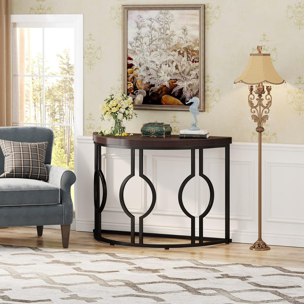 Semi Circle, Half Moon Console Table For Entryway With Geometric Base For Living Hallway - Rustic Brown