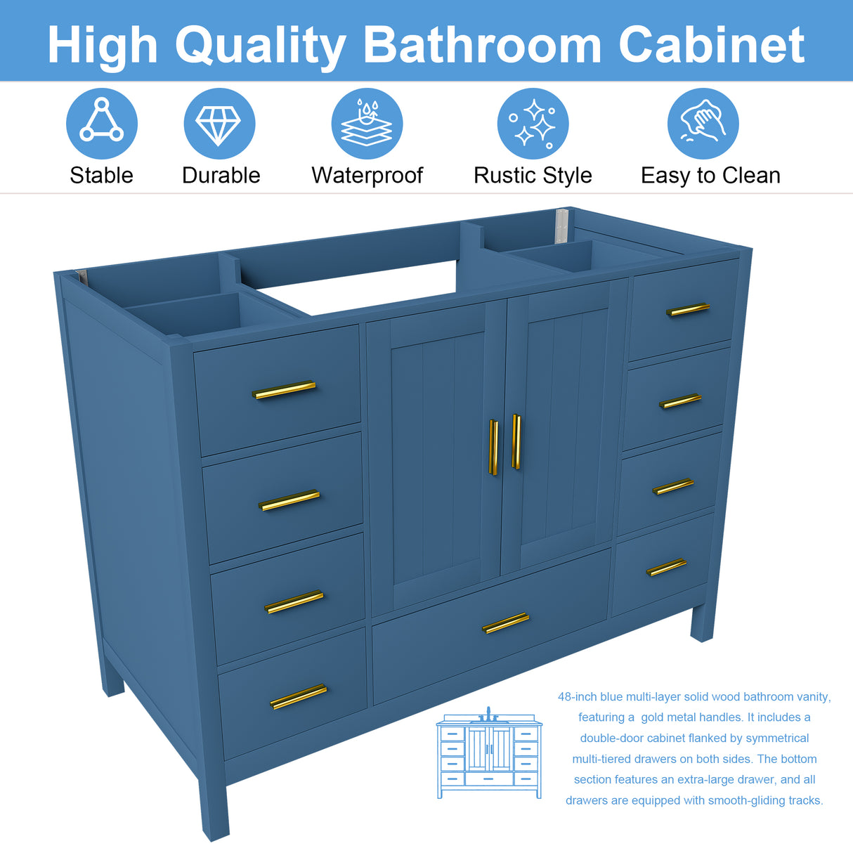 48" Bathroom Vanity Base Cabinet with 2 Soft-Close Double Doors & 9 Drawers