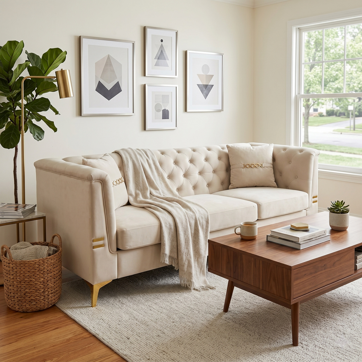 Contemporary Velvet Sofa With 2 Pillows