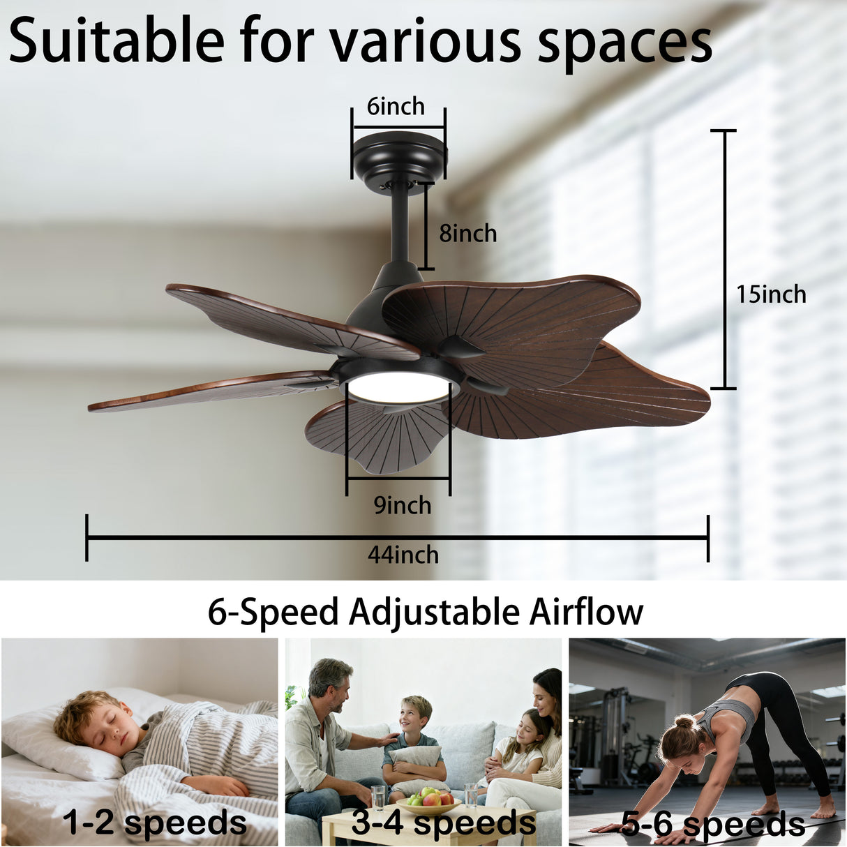 44-Inch Ceiling Fan with Light, 5 Solid Wood Blades, DC Motor