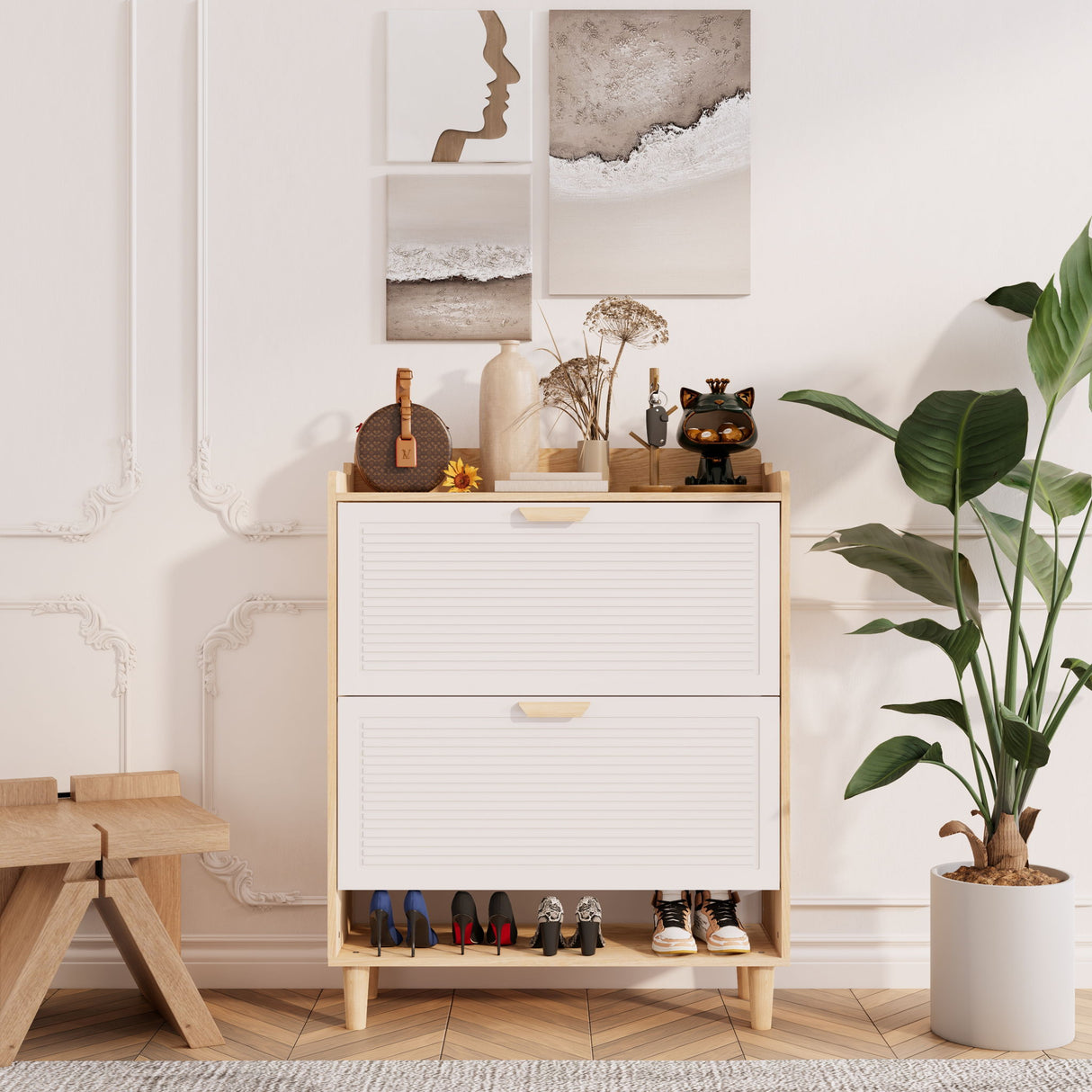 Shoe Storage Cabinet With 2 Flip Drawers, Compact Entryway Organizer - Natural / White