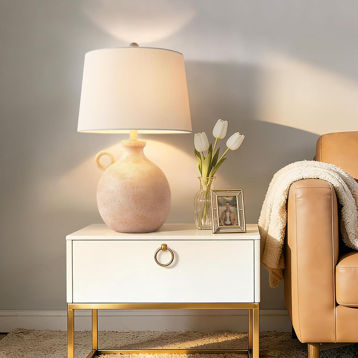 24-Inch Farmhouse Table Lamp, Resin Base with USB Port, Brown