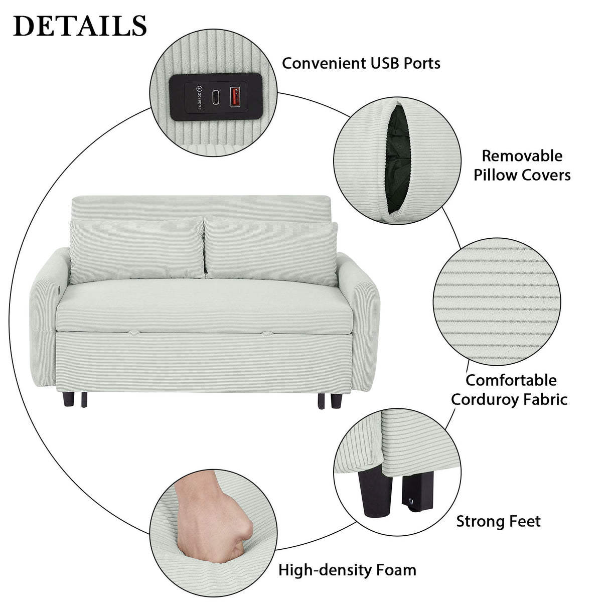 Pull-Out 2 Seat Modern Sleeper Sofa With 2 Throw Pillows And USB Ports