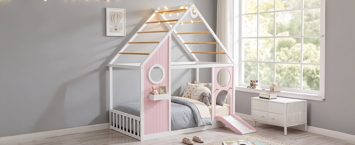 Twin House Bed with Slide, Ball Light Strip