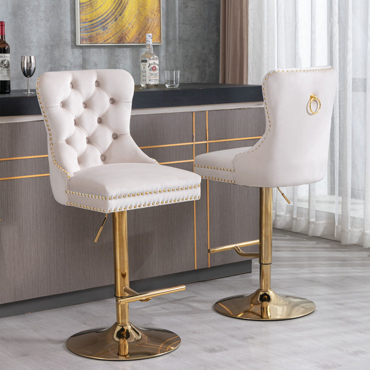 Thick Swivel Barstools Adjusatble Seat Height From 25-33", Modern Upholstered Bar Stools With Backs Comfortable Tufted For Home Pub And Kitchen Island (Set of 2)