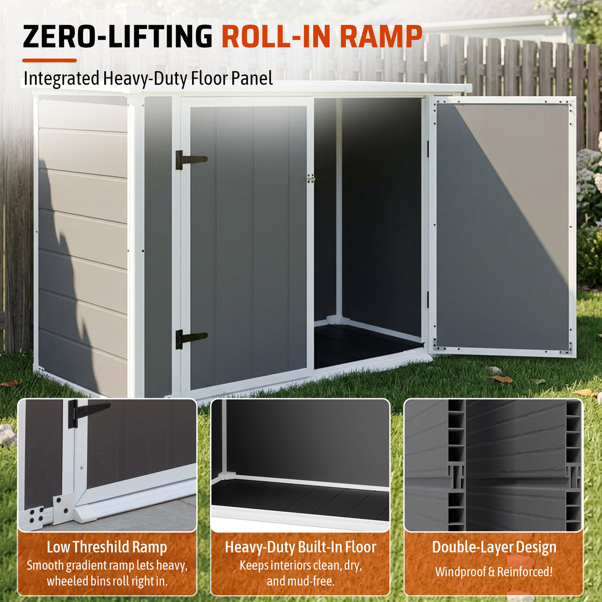 Horizontal Outdoor Storage Shed with Ramp & Hydraulic Lid