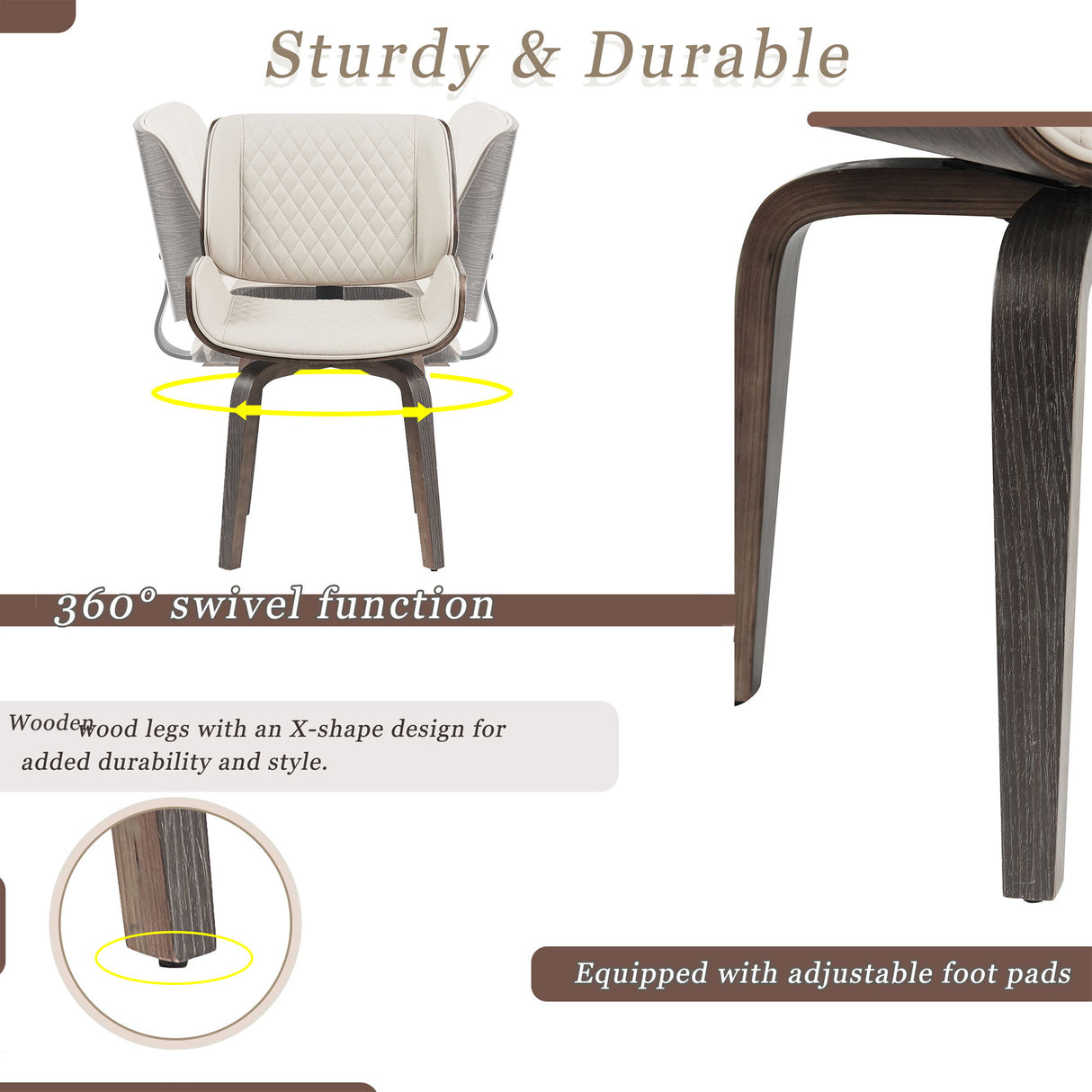 Mid Century Modern Dining Chair 360° Swivel, Ergonomic Design Upholstery, Bentwood Frame, (Set of 2) - Beige