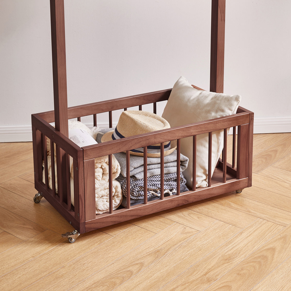 Solid Wood Freestanding Coat Rack with Rolling Wheels & Storage Basket