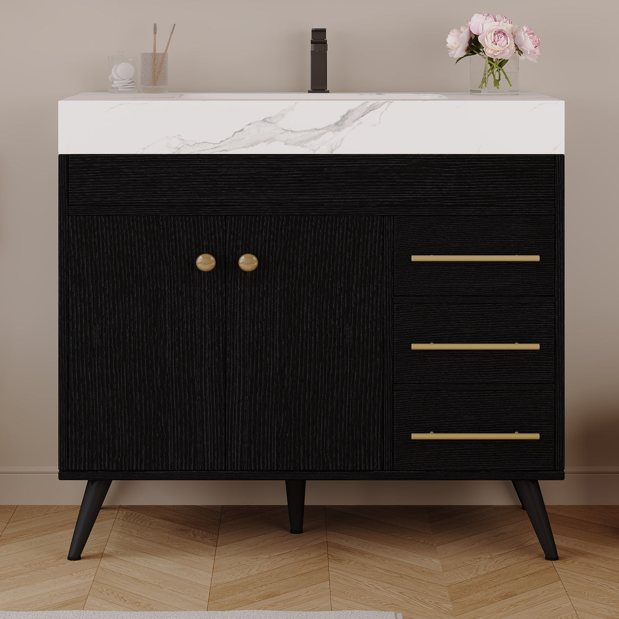 36" Freestanding Bathroom Vanity with Ceramic Sink and Faux Marble Top