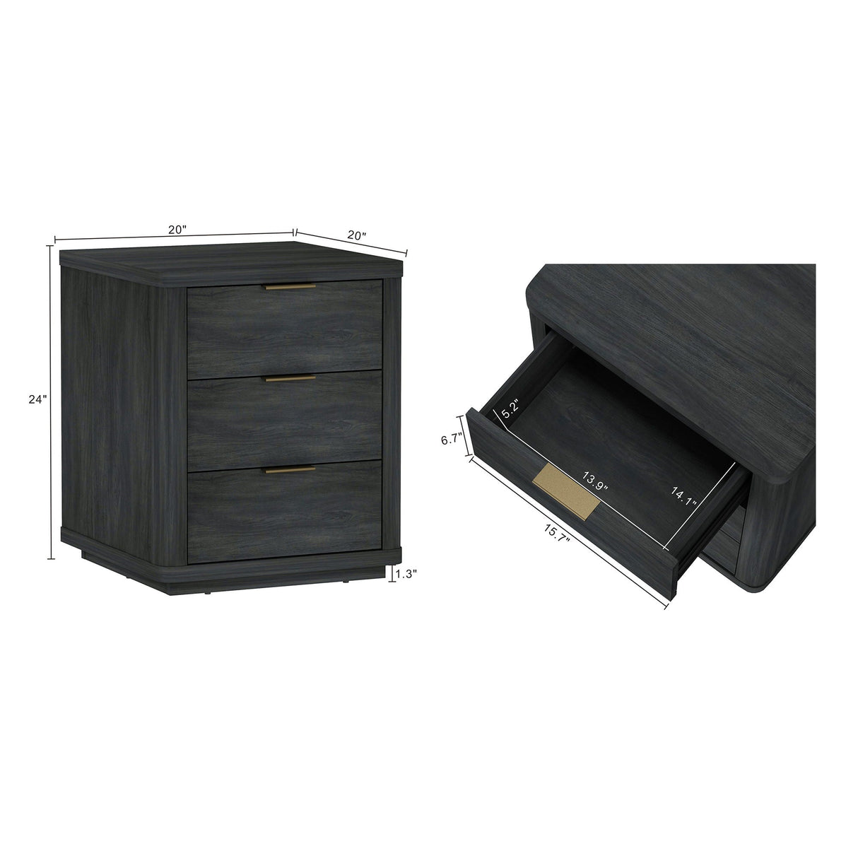 Evelyn - Nightstand With 3 Drawers, Smooth Rounded Edges