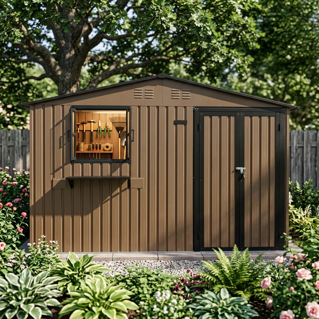 10x8 Ft Outdoor Metal Storage Shed with Window & Flower Rack