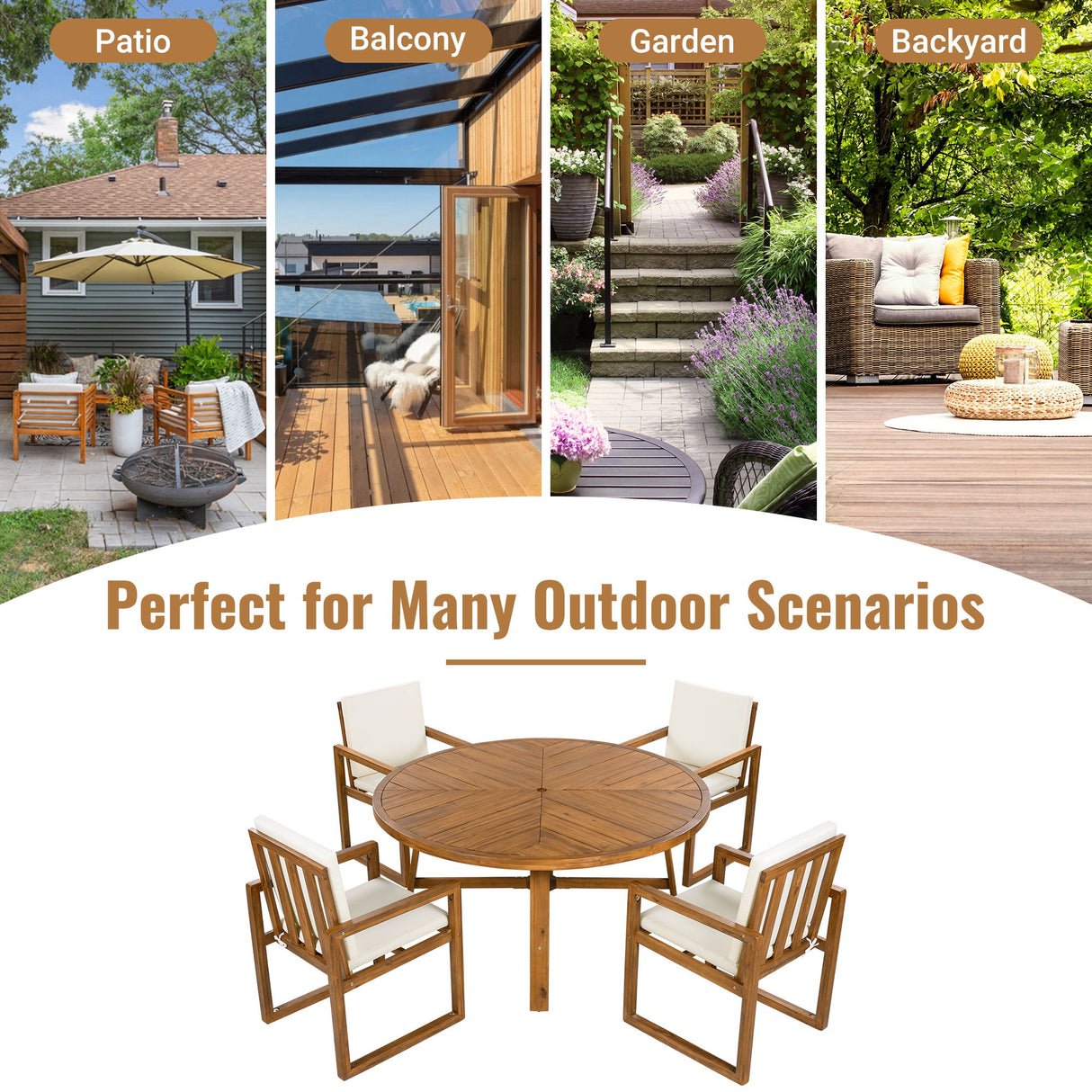 5 Piece Outdoor Patio Dining Set With 4 Armchairs And Table - Beige
