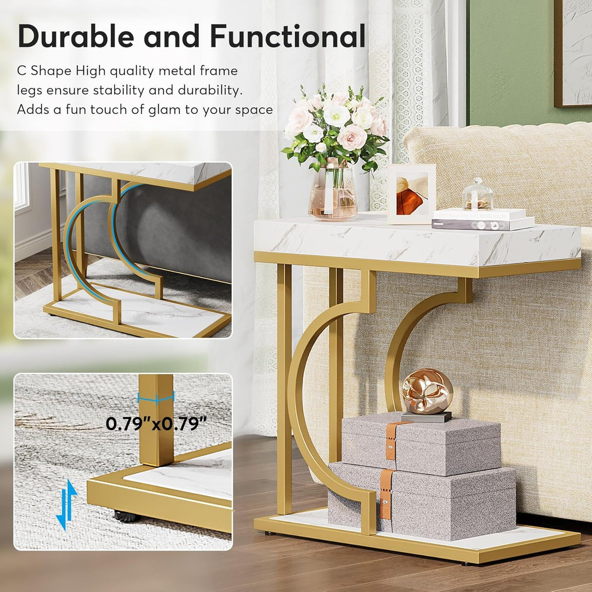 C-Shaped Sofa Side Table For Living Room - White / Gold