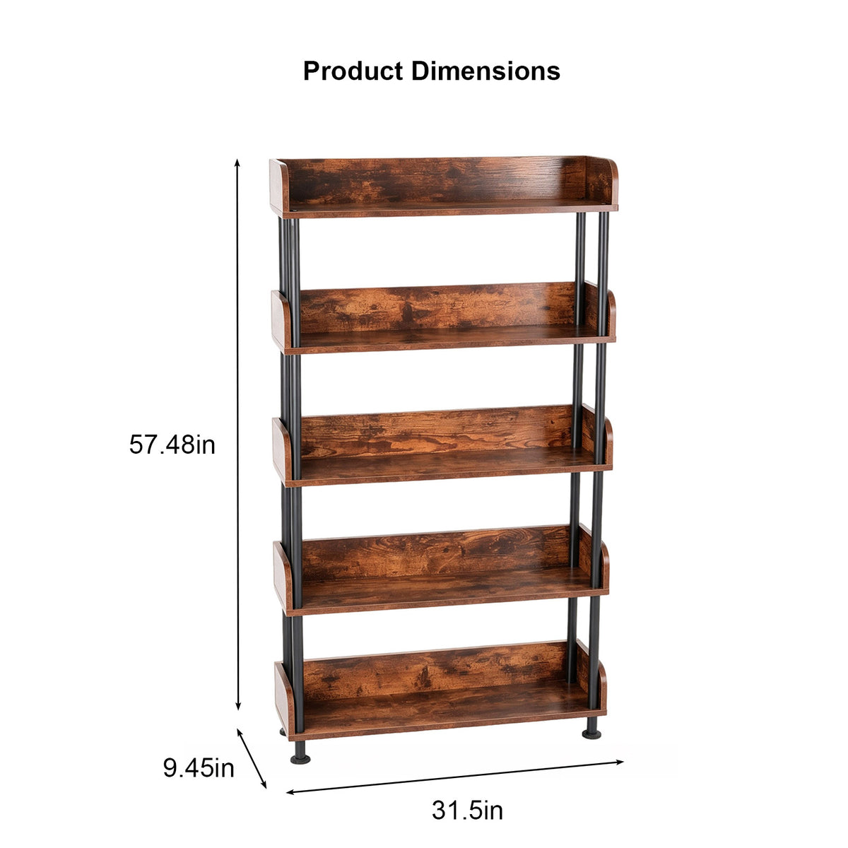 5-Tier Industrial Bookshelf, Open Rustic