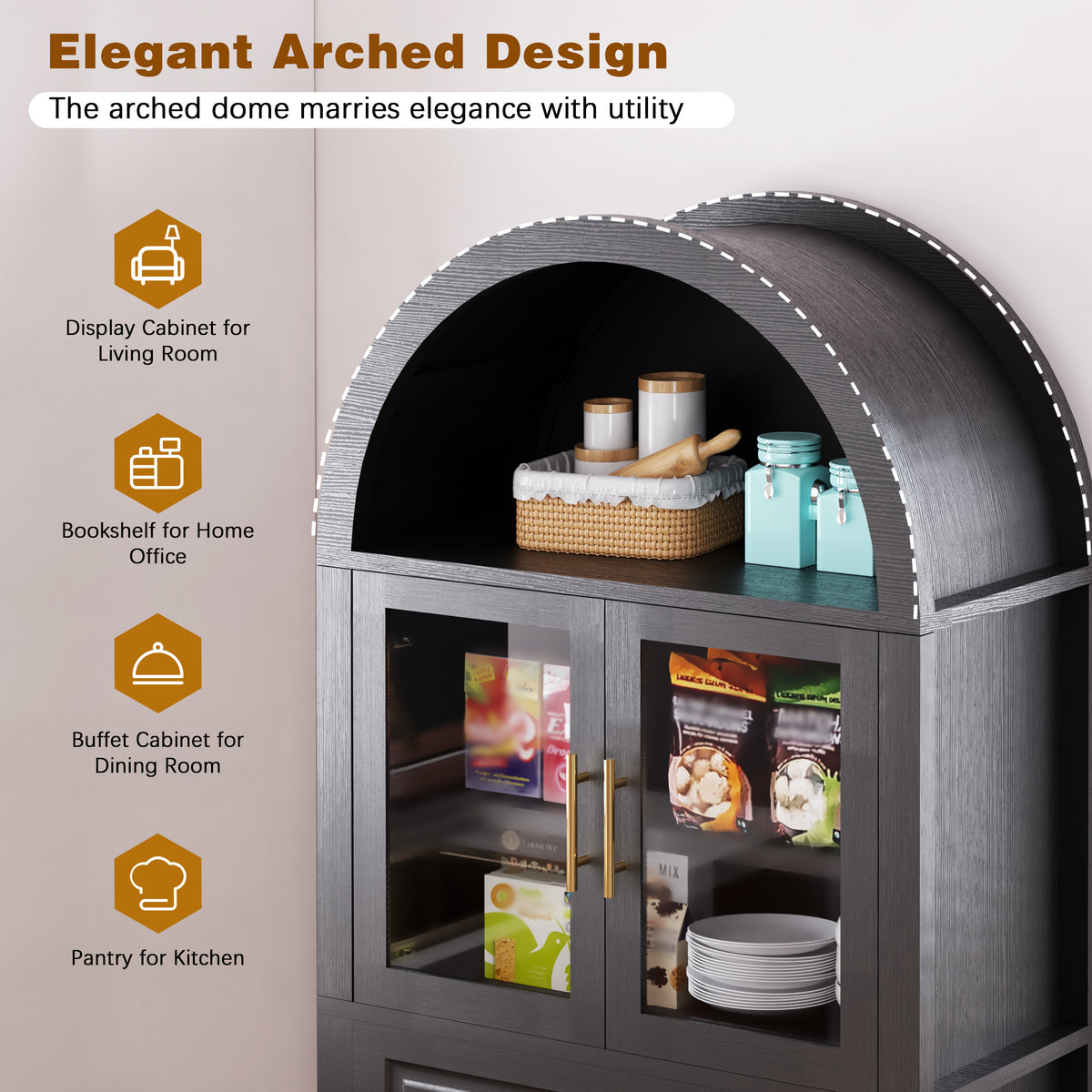 71-Inch Arched Kitchen Pantry Cabinet with Glass Barn Door, Black