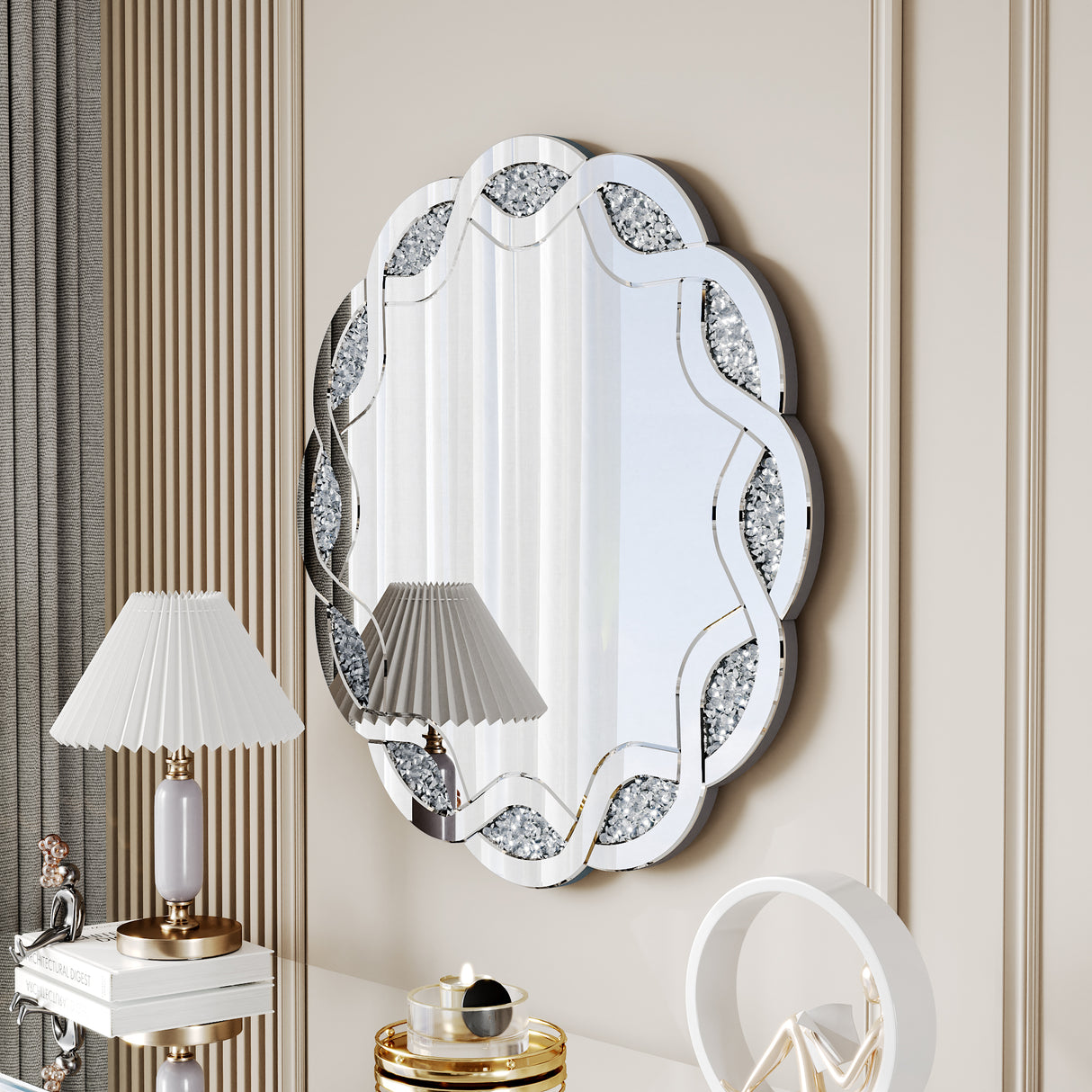 Silver Crush Diamond Round Wall Mirror