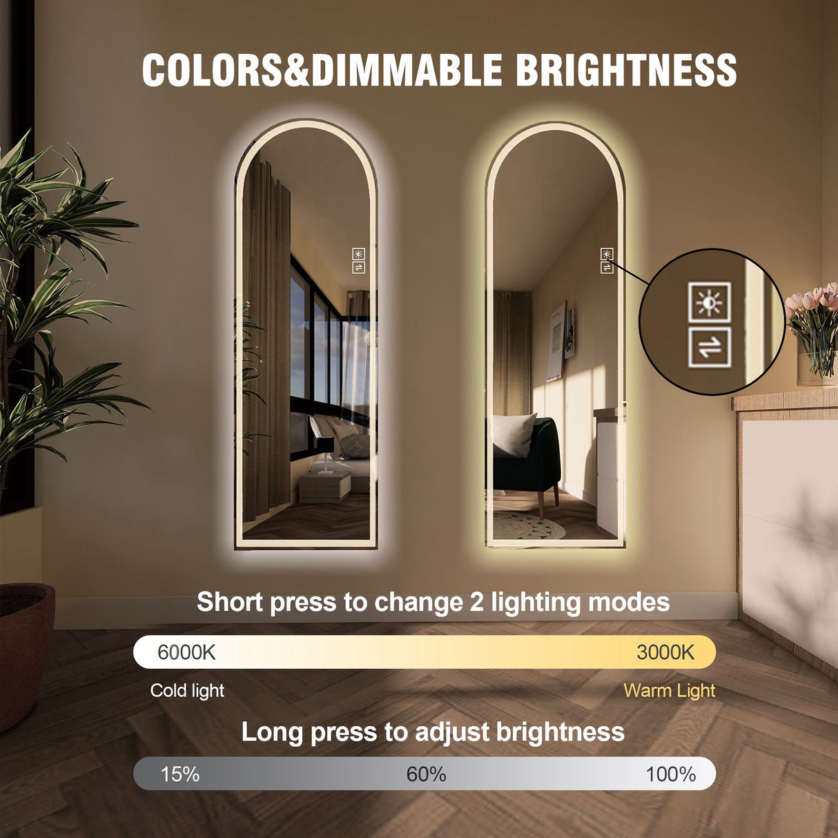 Arch Design LED Full Length Mirror, Dimmable, High Definition, Explosion Proof, 65" X 21" - Silver