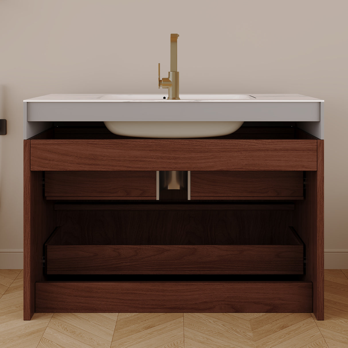 30" Modern Floating Bathroom Vanity with Seamless Sintered Stone Top & Ceramic Basin – 2 Soft-Close Drawers, Wall-Mounted