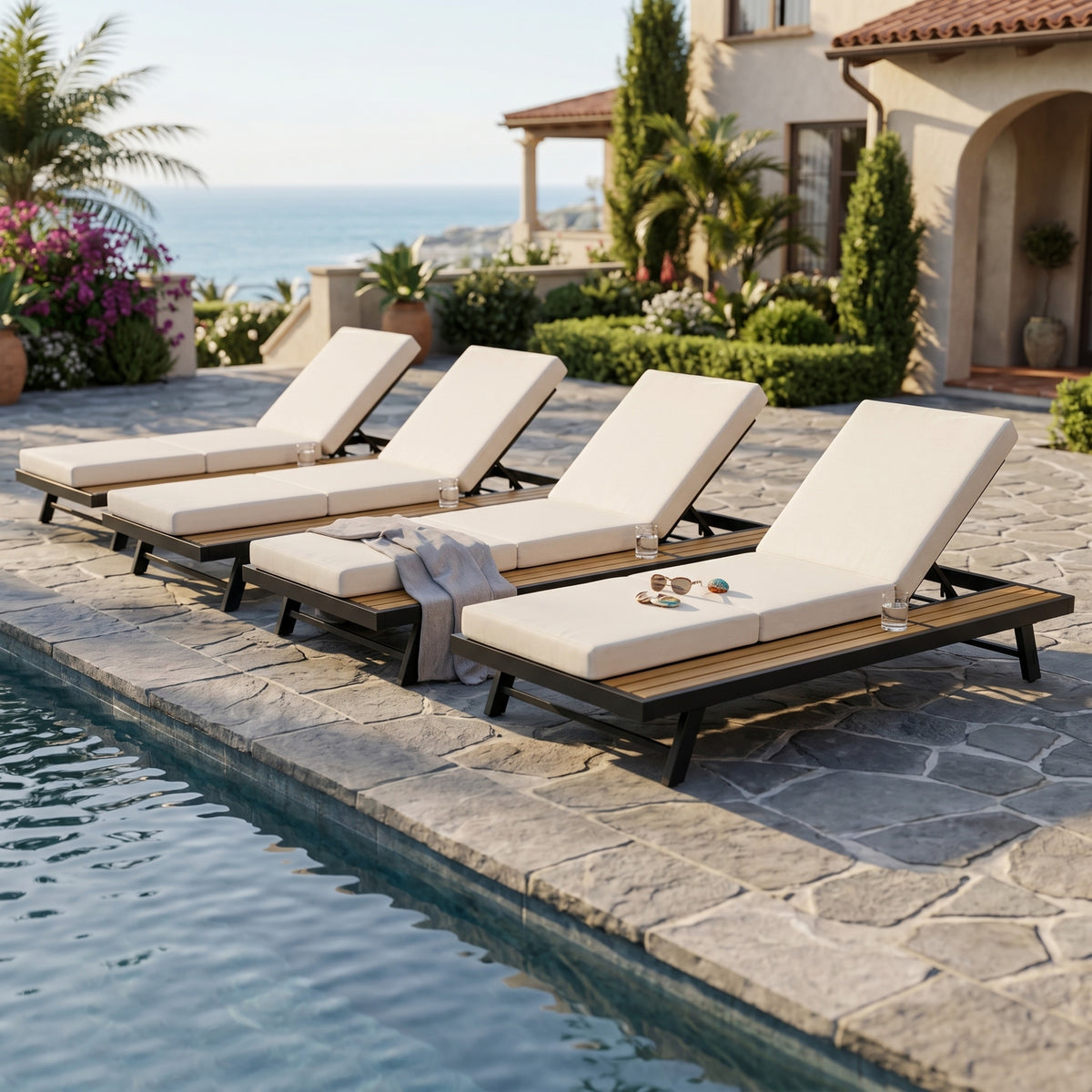 Black Iron + Teak Finish Chaise Lounge Set with Dark Frame