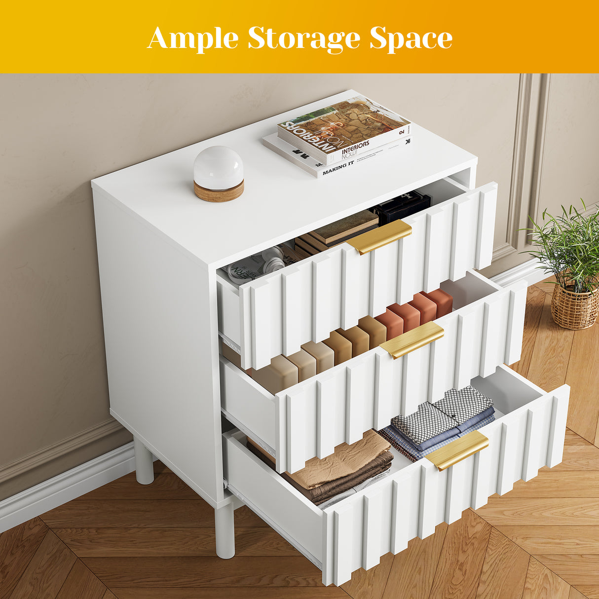 3 Drawer Dresser with Fluted Panel Design
