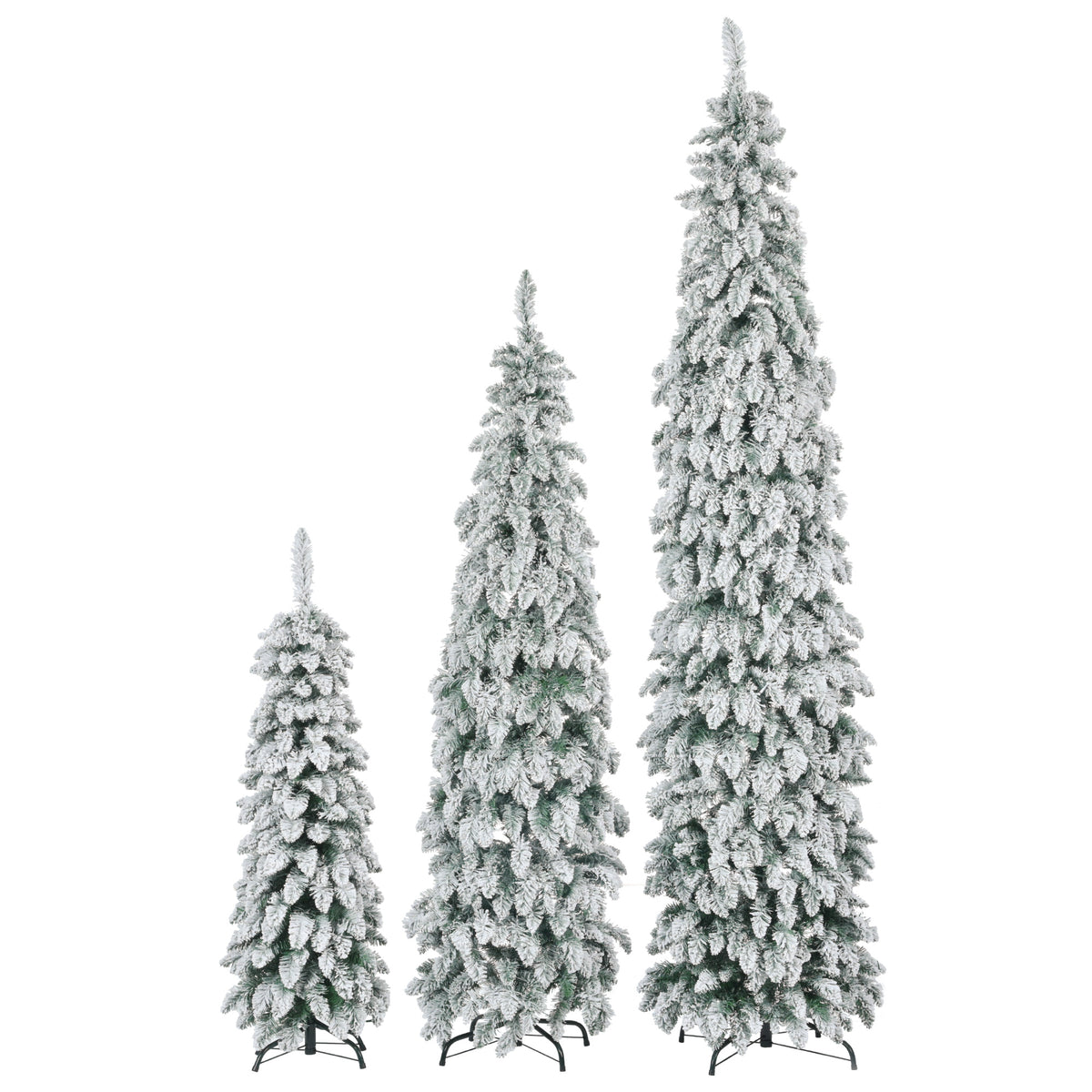 Pre-Lit Pencil Christmas Tree 3-Set, 4ft/6ft/8ft, Snow-Flocked, 290 LED Lights, White and Green