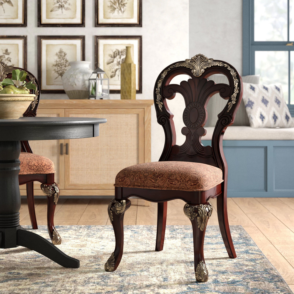 Elegant Style Beautiful Side Chairs 2 Piece Set Cherry With Tipping Fabric Upholstered Traditional Dining Furniture - Cherry