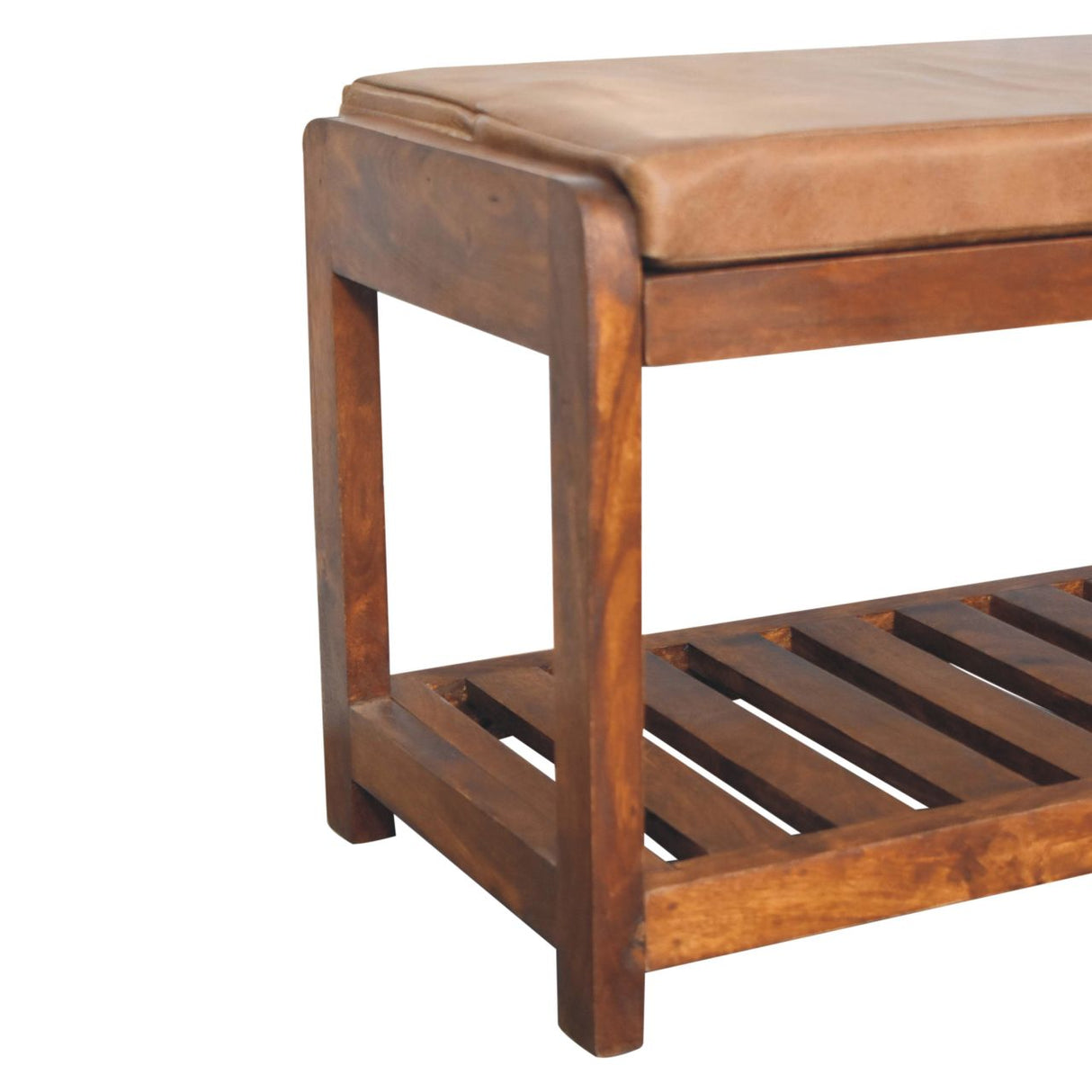Solid Wood Small Buffalo Slatted Bench, Leather Upholstered, Open Storage