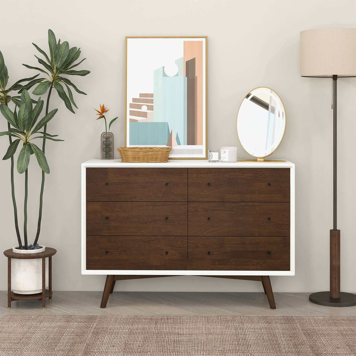 Dresser 6 Drawer - Dark Brown / White