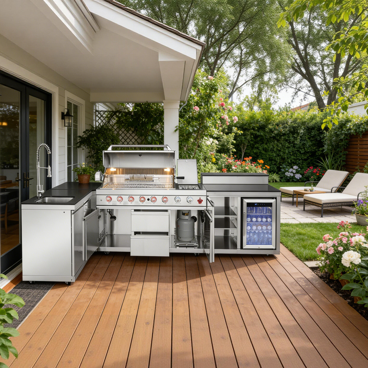 Outdoor Kitchen Island 95.8 Inch 6+1 Burner Propane Gas BBQ Grill 95500 BTU 304 Stainless Steel