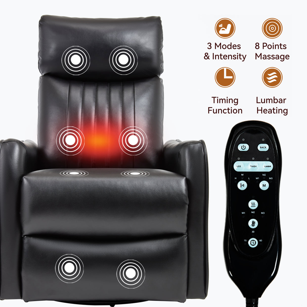 Black Faux Leather Heat Massage Manual Recliner Chair