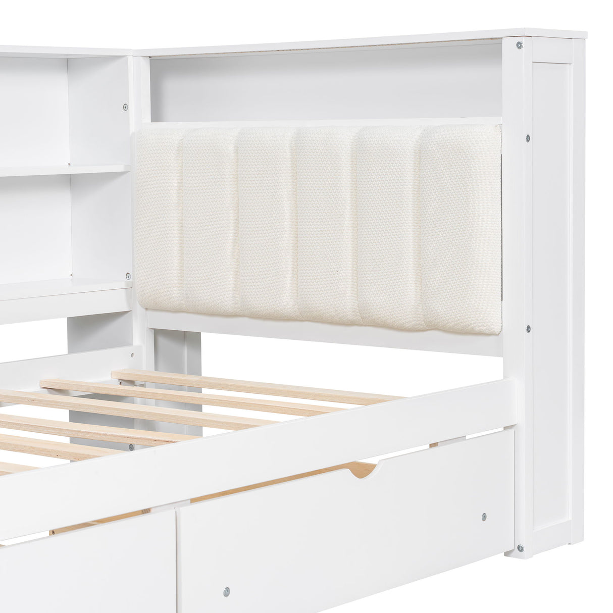 Platform Bed With Upholstered Headboard, Storage Shelves, Drawers, Charging Station, LED Lighting, Built In Desk