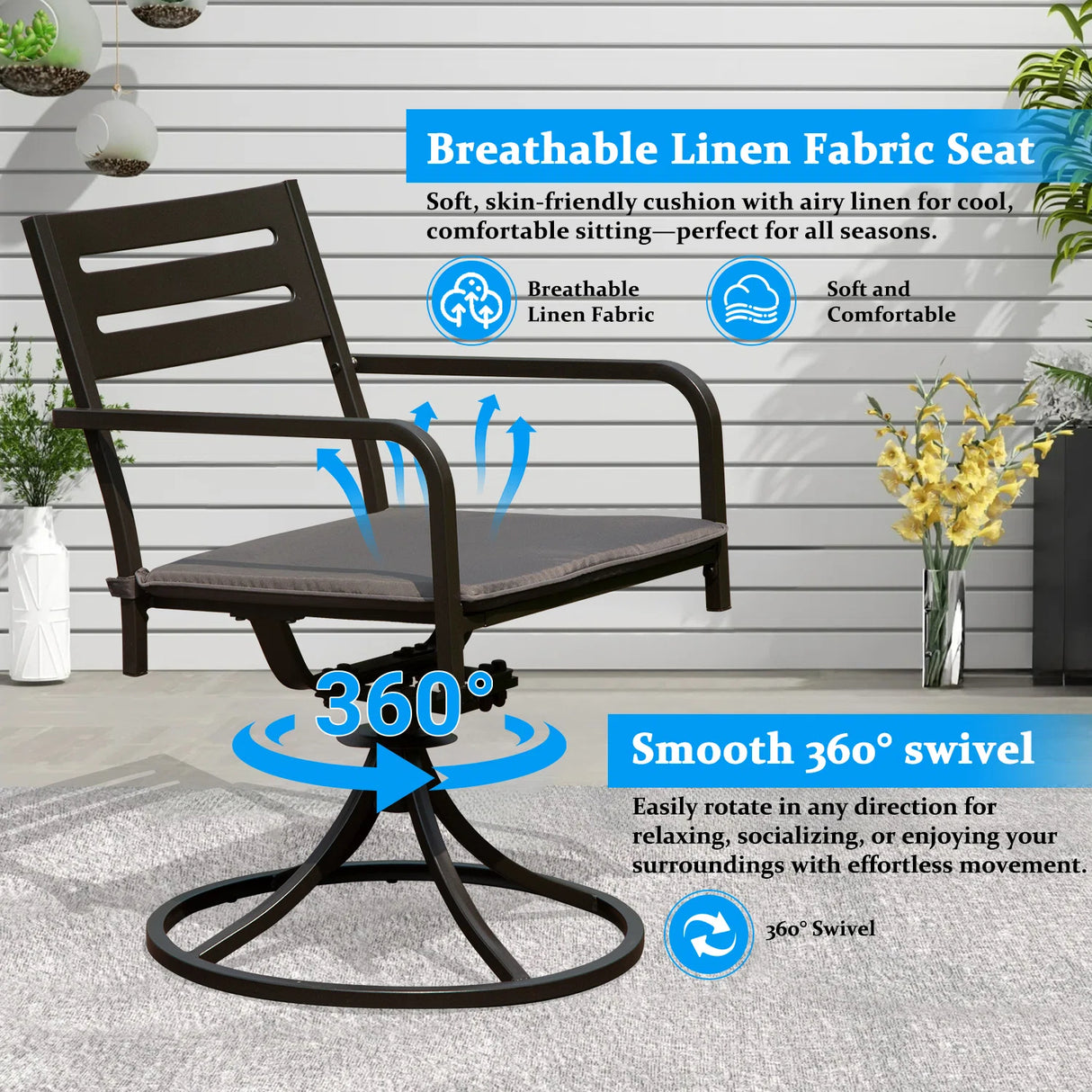 Set of 2 Powder-Coated Steel 360° Swivel Outdoor Dining Chairs with All-Weather Cushions