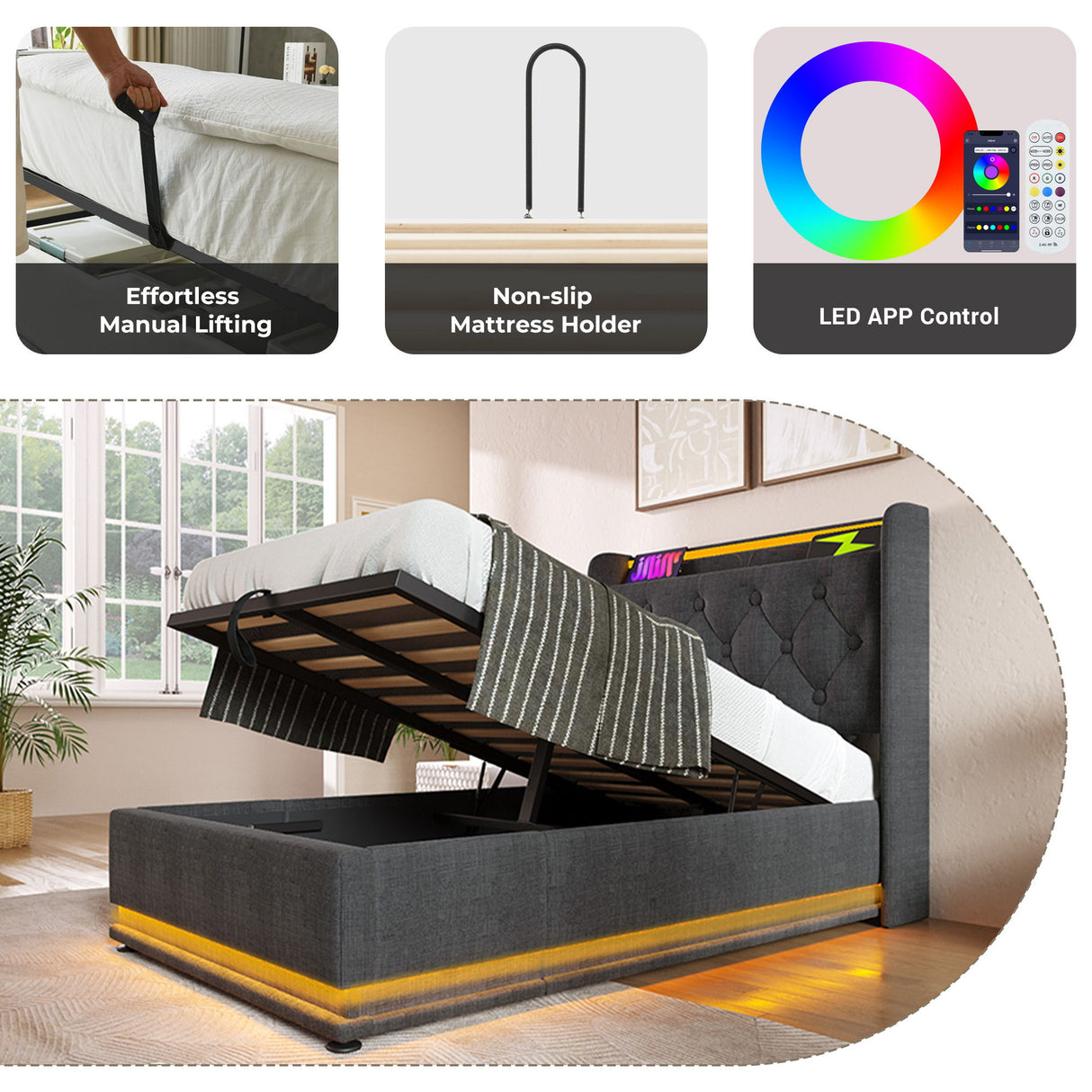 Upholstered Bed, 360 Surround LED Function, Remote Control, Hydraulic Storage Bed With USB, Type-C Charging (Without Mattress)