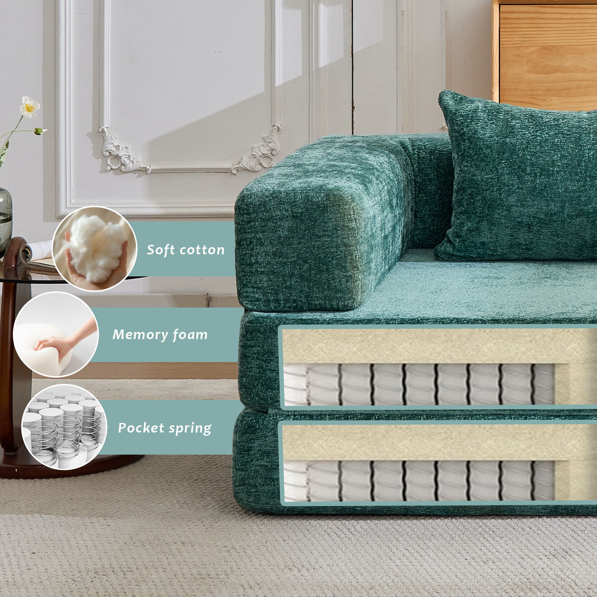 Convertible Floor Sofa Bed With Pillow Back Support Armrest