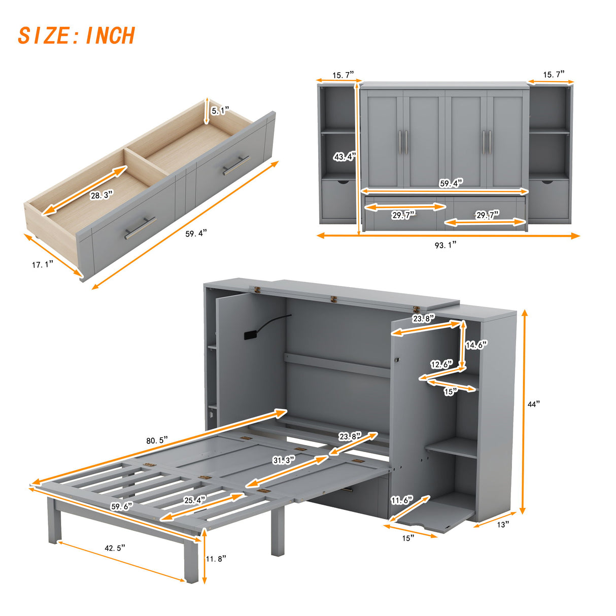 Murphy Bed With Shelves, Drawers And USB Ports