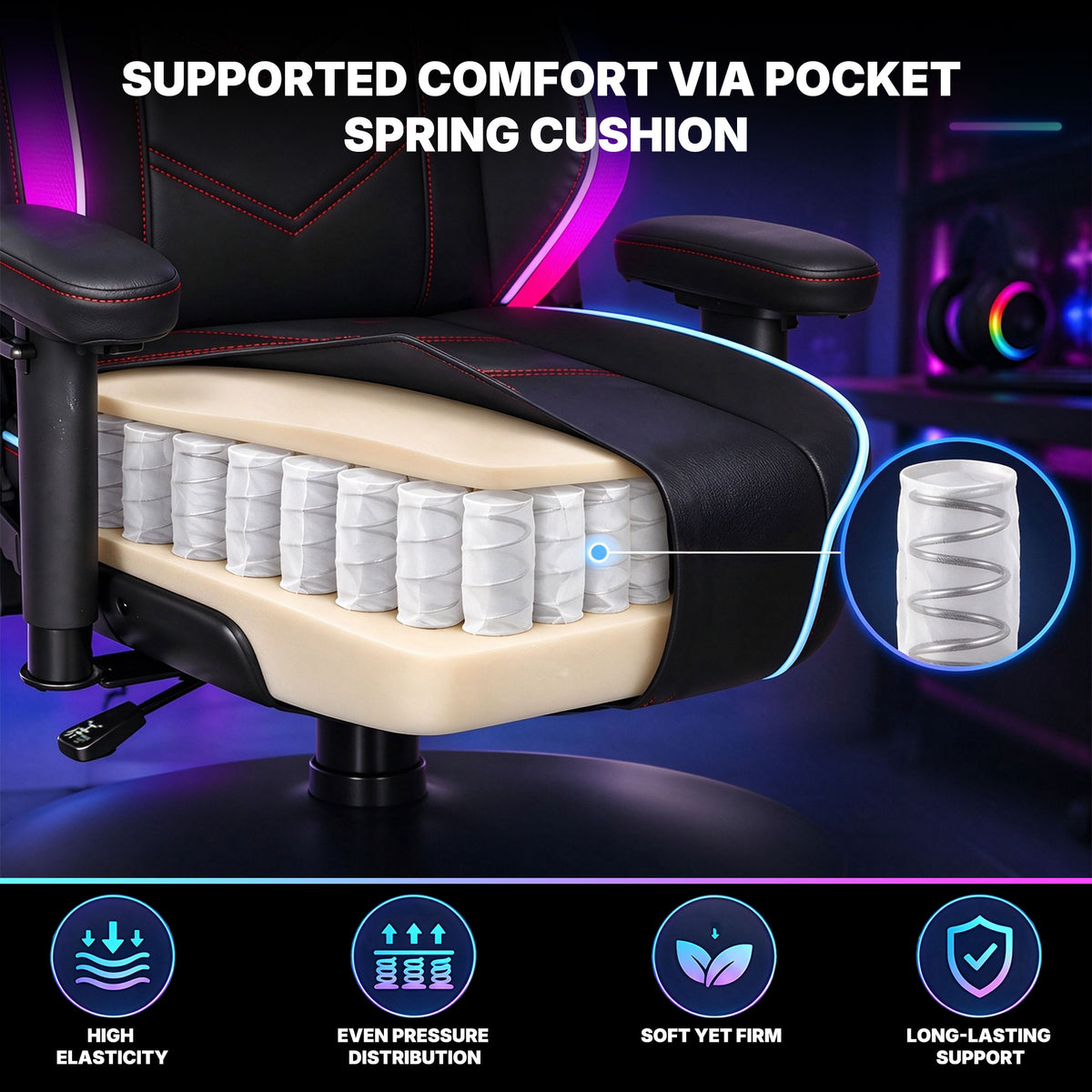 NoxRoc Pedestal Gaming Chair with Built-In Speakers and RGB Lights, Black