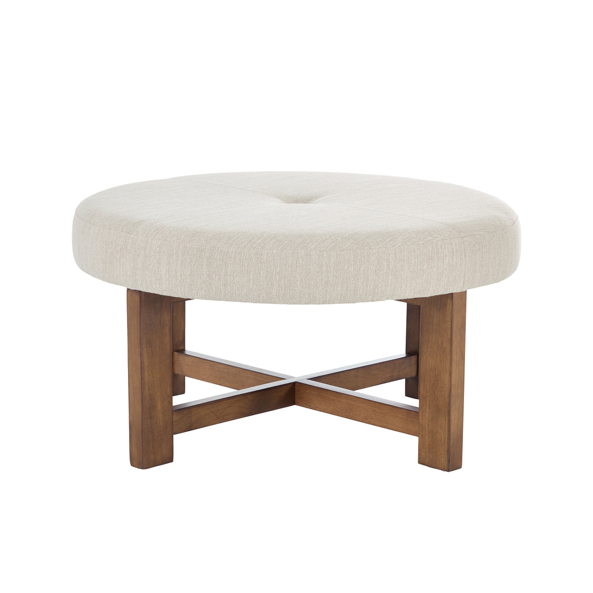 Beige Fabric Round Ottoman with Solid Wood Cross Base