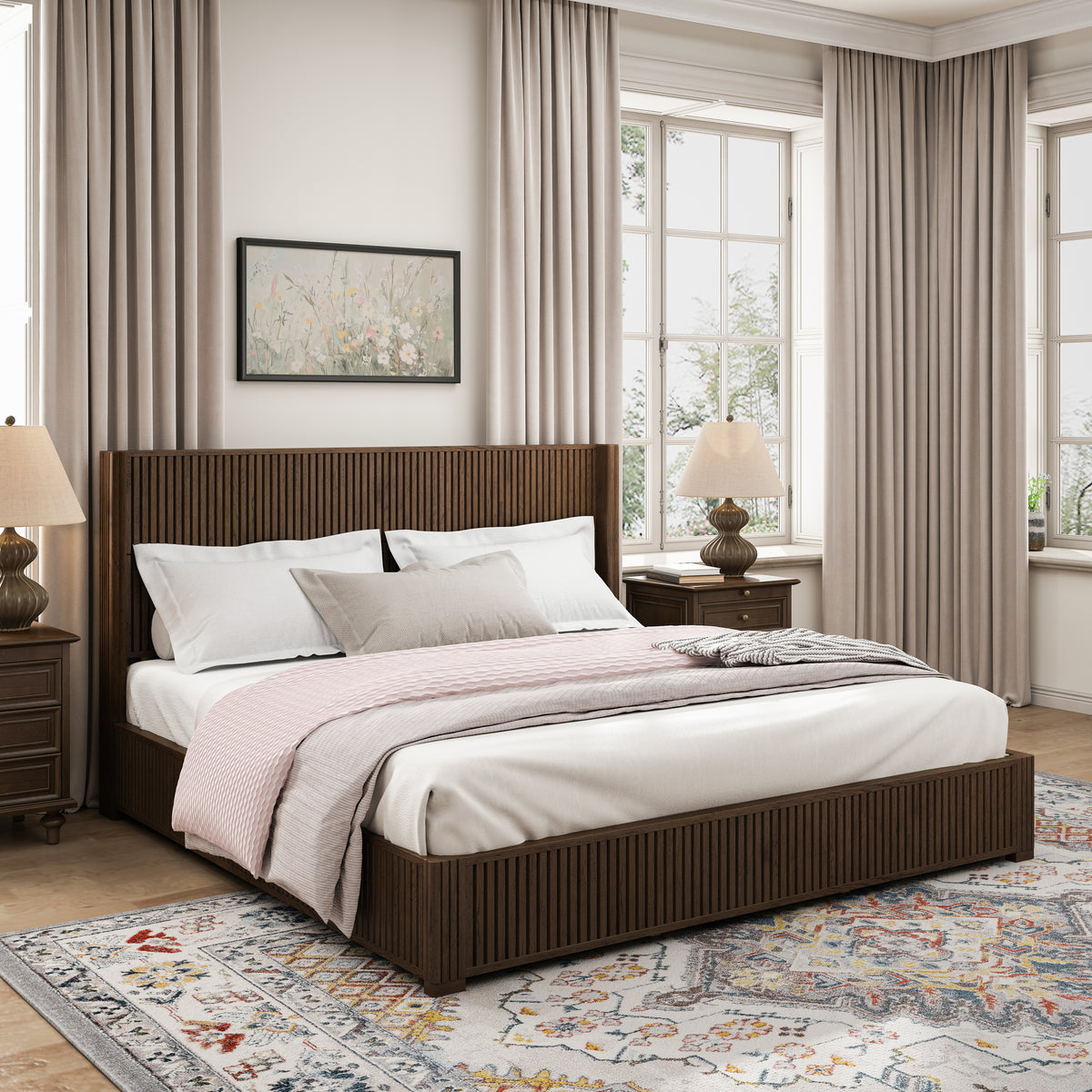 Solid Wood Platform Bed Frame with Headboard, King Size, Walnut