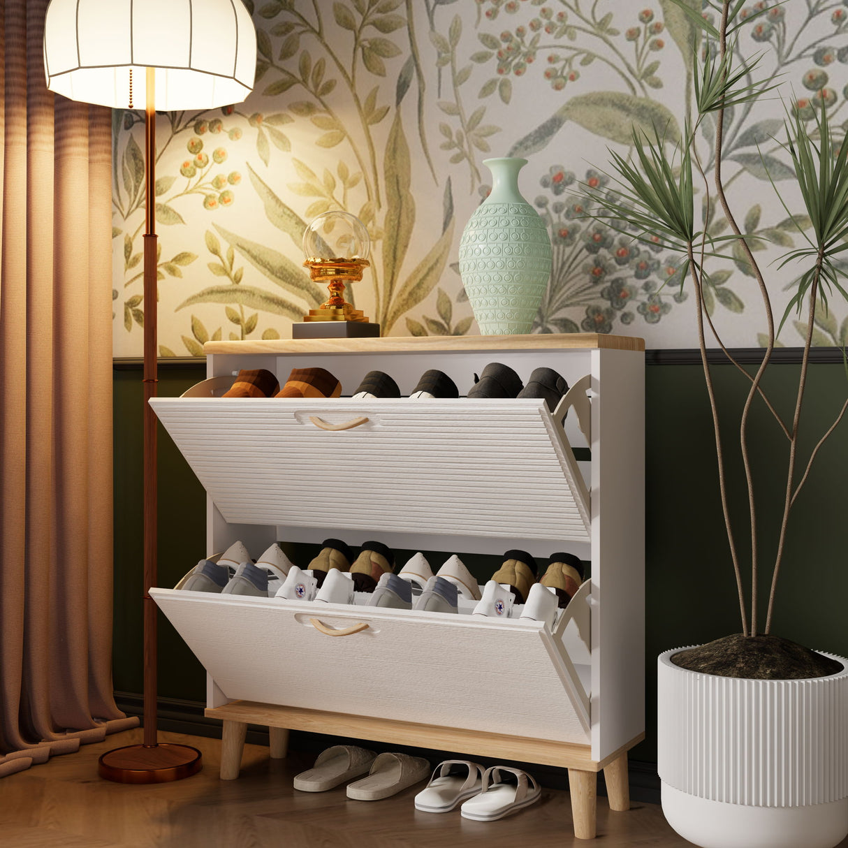 Narrow - Entryway Shoe Storage Cabinet With 2 Flip Drawers Legs - Natural / White