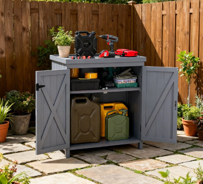 Tool Shed Outdoor Storage Cabinet with Galvanized Top and Two Shelves