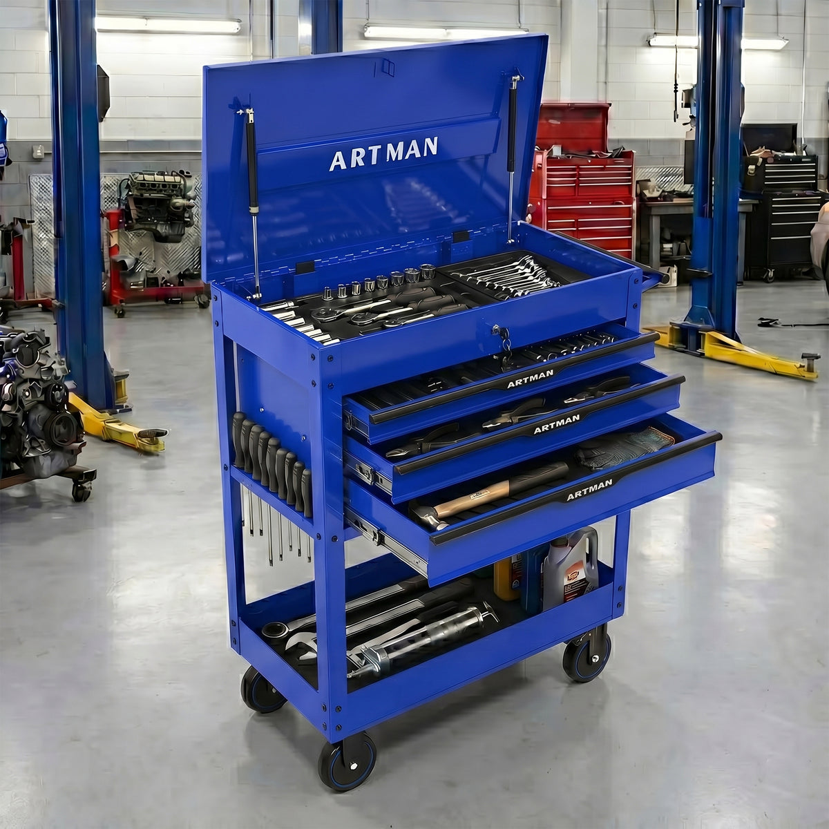 3 Drawers Multifunctional Tool Cart With Wheels and Steel Top - Blue & Black