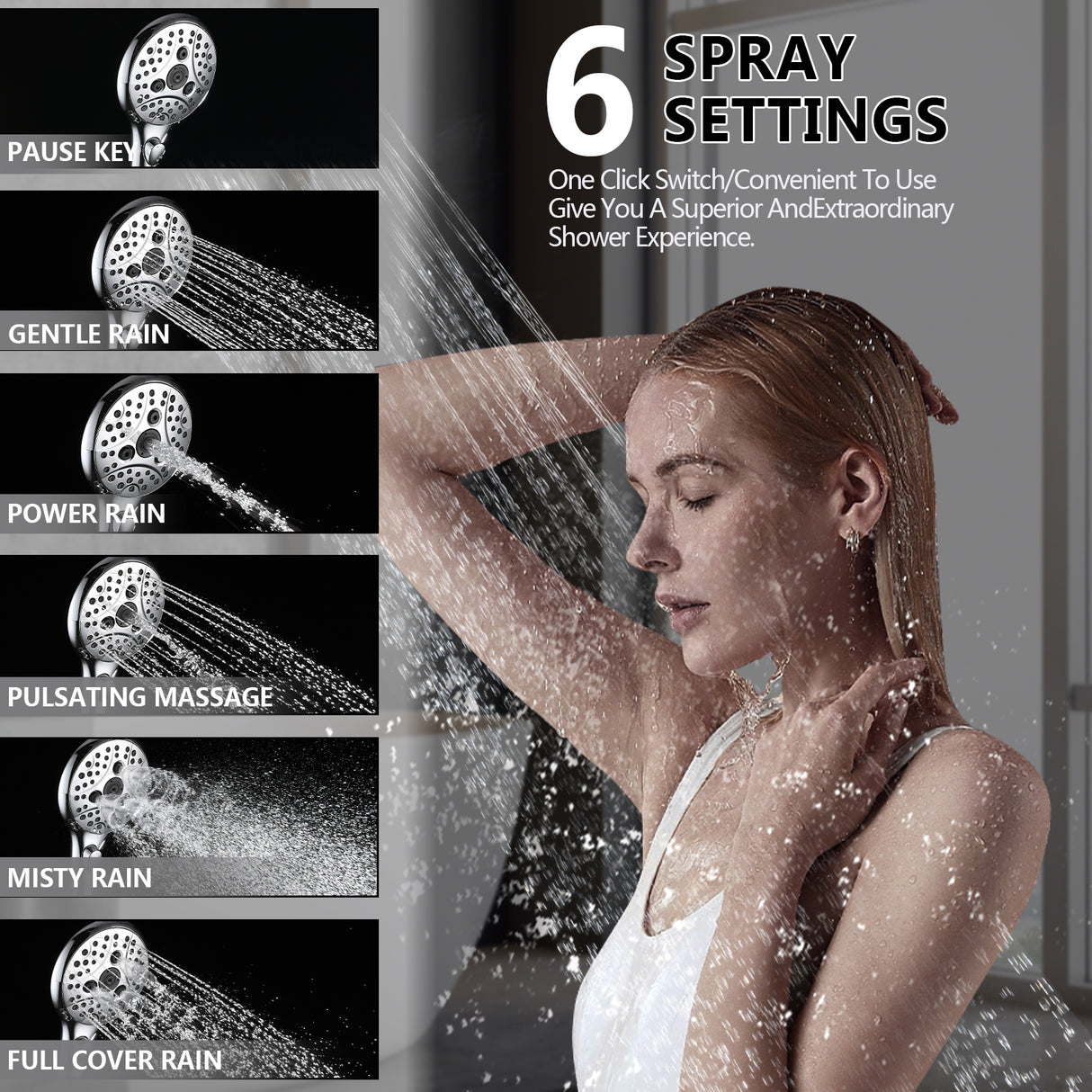 Lift-Up Diverter Bathtub Faucet with 6 Settings Handheld Shower