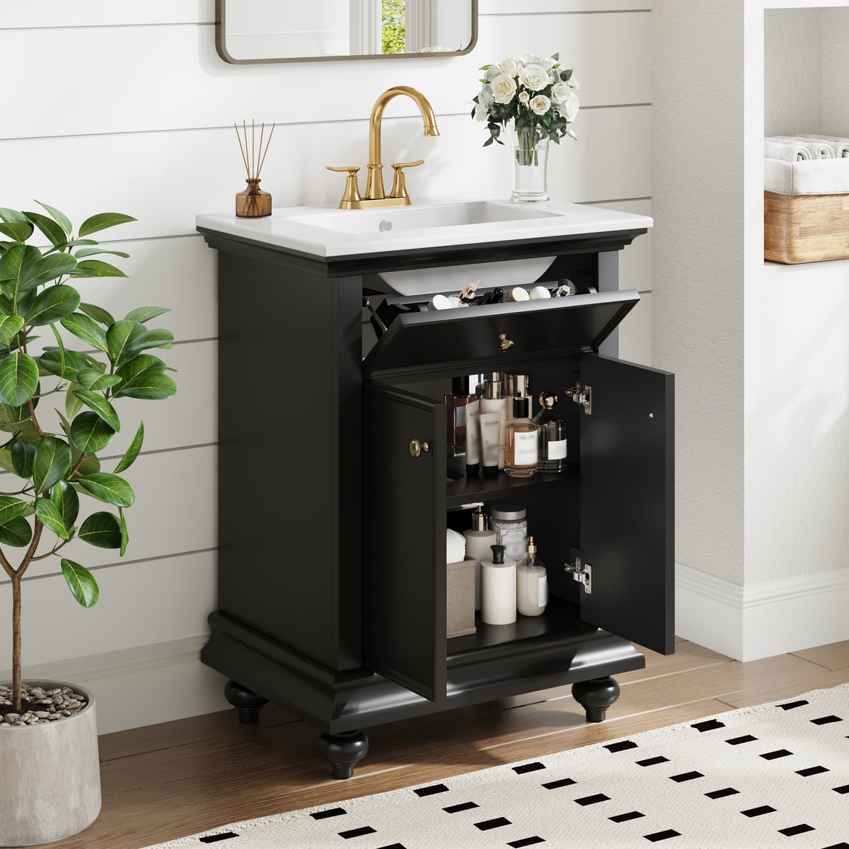 24" Modern Bathroom Vanity with Tip-Out Drawer & Soft-Close Hinges
