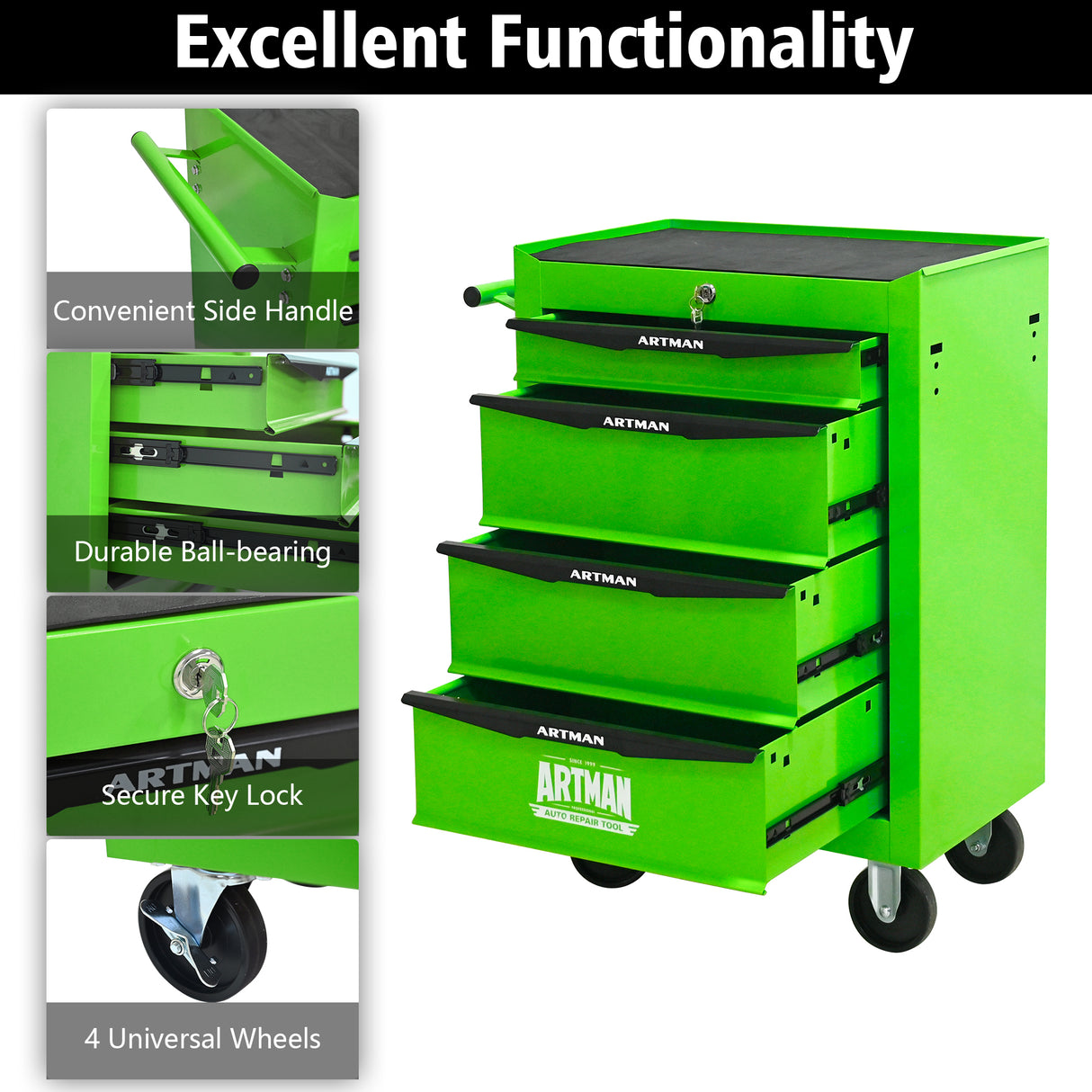 Rolling Metal Tool Chest with 4 Drawers - Green