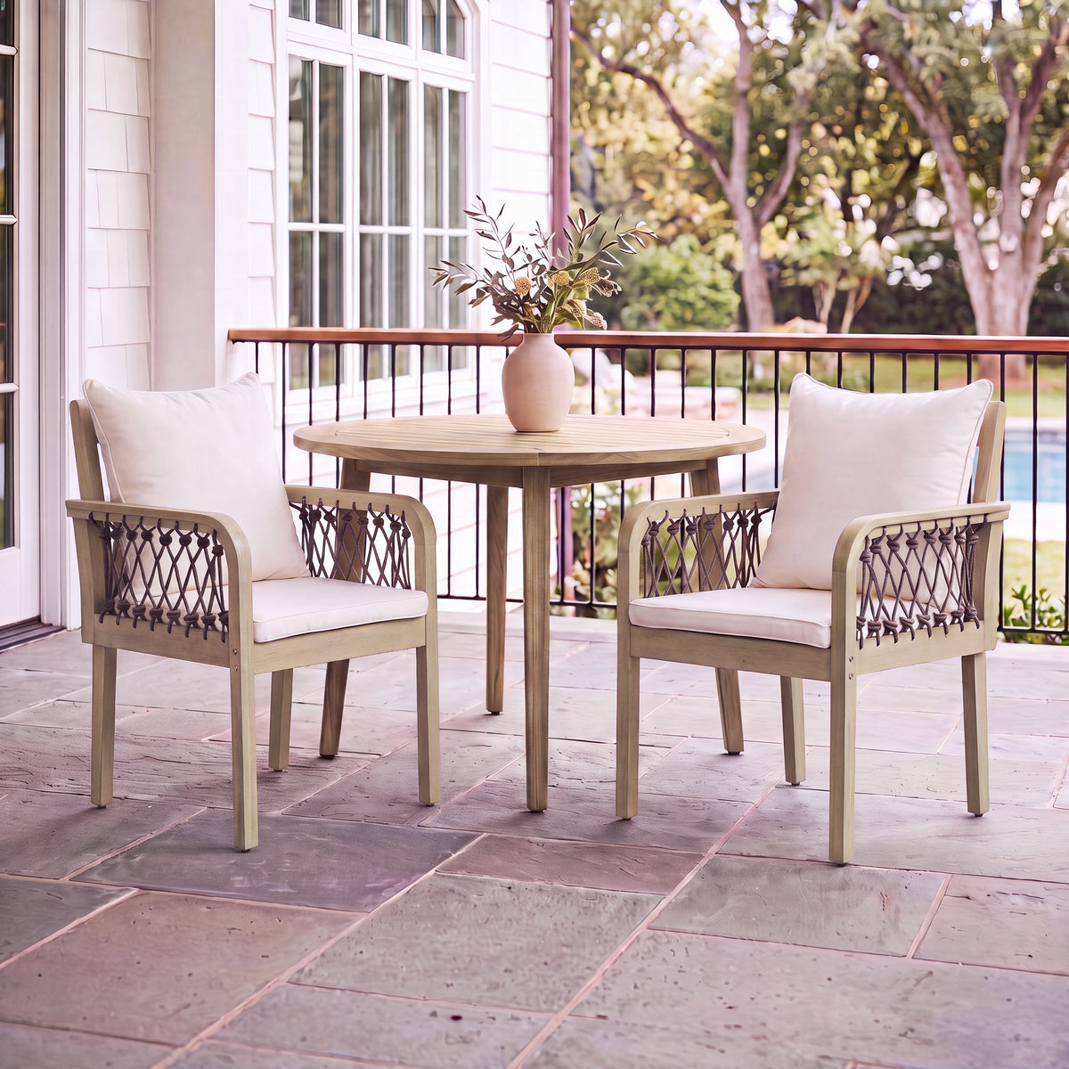 Outdoor Patio Acacia Wood Chairs With Woven Rope Arms (Set of 2)