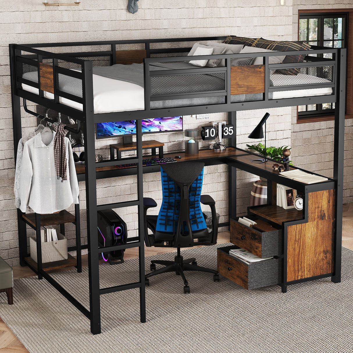 Queen Loft Bed with Desk and Storage