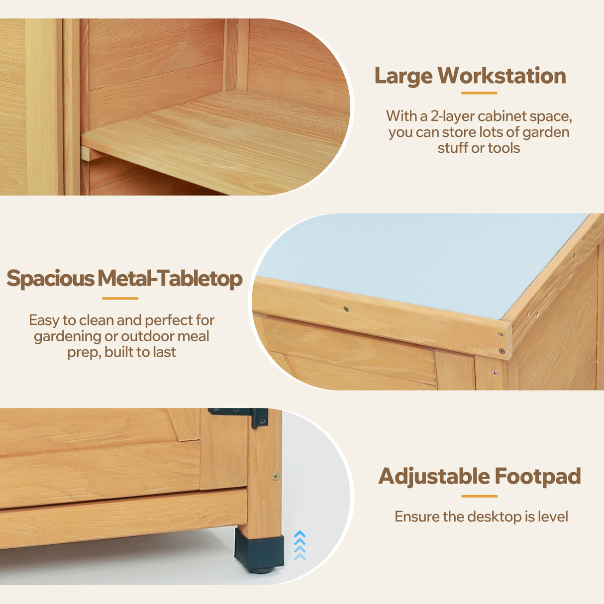 Potting Bench with Storage Cabinet and Metal Table Top for Outdoor Patio