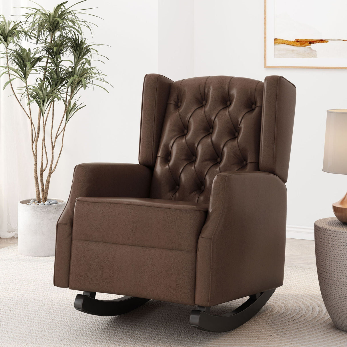 Amedou - Contemporary Tufted Wingback Rocking Chair - Dark Brown - Best Buy Furniture